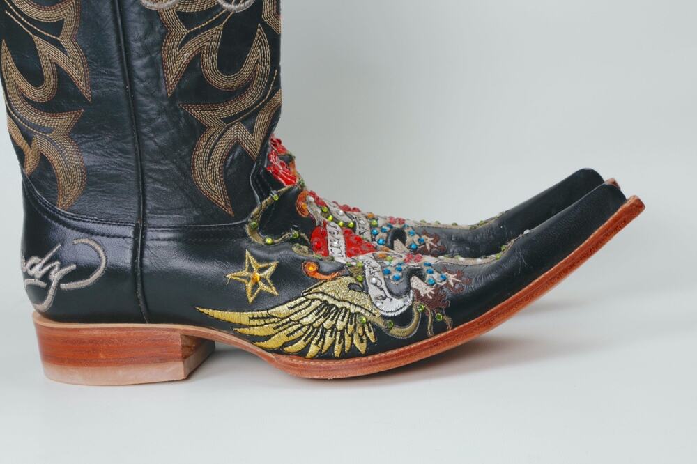 Ed Hardy Cowgirl Boots 10 Black Leather Embroidered Rhinestone Pointed Rare Y2K